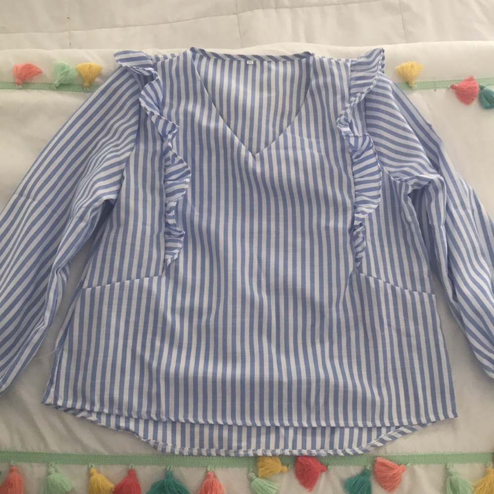 Blue & white stripe ruffle top